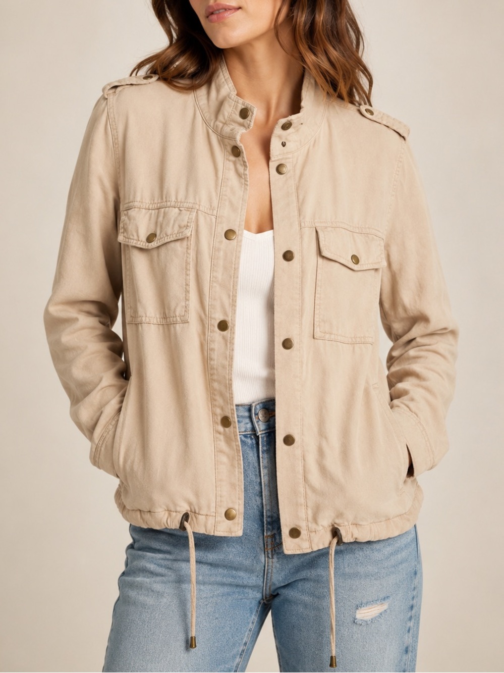 Dex Tencel Utility Jacket Tan Zip Up Drawstring Waist Cargo Size M